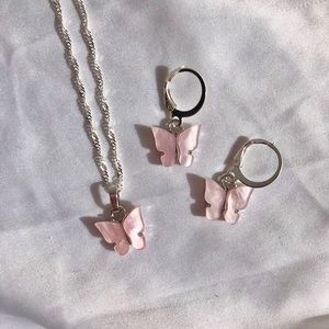 Pink Butterfly Earrings AND Necklace